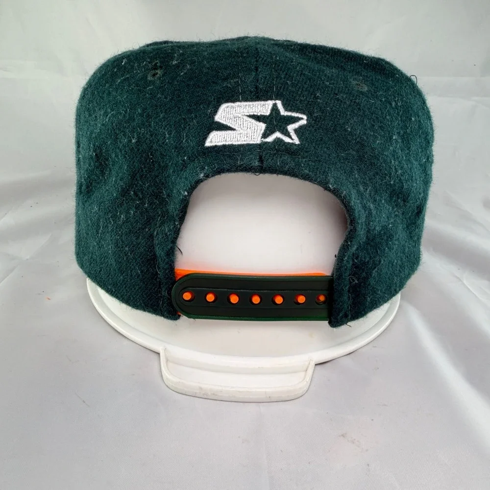 Vtg 90s StarterThe Natural Miami Hat Mens Snapback Green Wool Hurricanes NCAA
